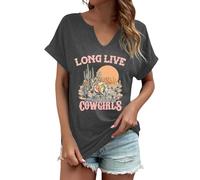 T-shirt cowgirl western pour femme - T-shirt amusant et confortable - Manches courtes - Col en V - Imprimé graphique - Imprimé léopard - Haut pour rodéo, Style #v04 gris, L