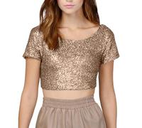 T-shirt crop top multicolore à paillettes scintillantes dos nu, or, M