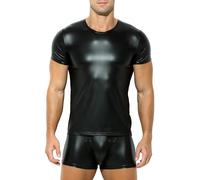 T-Shirt Cuir Verni Chemise Aspect Cuir Top T-Shirt 1/2 Bras Vinyle NP Neuf - Noir - L