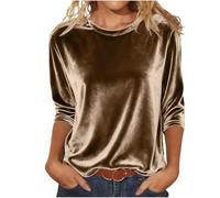 T Shirt Damen Elegant 3/4 Ärmeln Bluse Langarmshirt Basic T-Shirt Longsleeve Longbluse Lässig Longtops Tshirt Mit Rundhalsausschnitt Samt Und Lang Ärmeln Modisches T-Shirts Top