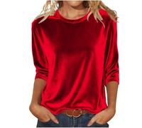 T Shirt Damen Elegant 3/4 Ärmeln Bluse Langarmshirt Basic T-Shirt Longsleeve Longbluse Lässig Longtops Tshirt Mit Rundhalsausschnitt Samt Und Lang Ärmeln Modisches T-Shirts Top