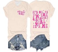 T-shirt d'anniversaire pour femme de style rétro - Haut amusant avec impression double face | T-shirt « It's Me, Hi I'm The Birthday Girl », Style_q01 Beige, M