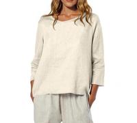 T-shirt d'automne en lin pour femme, coupe ample, manches 3/4, col bateau, chemisier habillé décontracté avec imprimé floral, léger pour les matins frais, beige, L