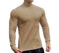 T-shirt d'automne léger pour homme 2025 - Tissu rayé de couleur unie - Manches longues - Col haut - Base en tricot serré pour fitness, course à pied, basket-ball, intérieur et extérieur - Pour la vie