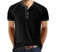 T-Shirt De Base Hommes Summer Henry Chemises Col Rond T-Shirt Décontracté Color Matching Tops T-Shirt De Sport avec Boutons T-Shirt À Manches Courtes Hommes C-Black XL