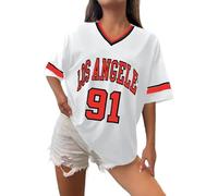 T-shirt de baseball Los Angeles pour femme - Maillots surdimensionnés Y2k - T-shirts à numéros - Bordure graphique à rayures - Chemise décontractée - Col en V - Streetwear - T-shirt graphique rayé