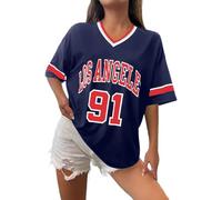 T-shirt de baseball Los Angeles pour femmes Maillots surdimensionnés Y2k T-shirts à numéros Bordure graphique rayée Chemise décontractée Col en V Streetwear T-shirt graphique rayé Haut décontracté