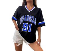 T-shirt de baseball Los Angeles pour femmes Maillots surdimensionnés Y2k T-shirts à numéros Bordure graphique à rayures Chemise décontractée Col en V Streetwear T-shirt graphique rayé Haut décontracté