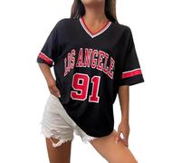 T-shirt de baseball Los Angeles pour femmes Maillots surdimensionnés Y2k T-shirts à numéros Bordure graphique rayée T-shirt décontracté Col en V Streetwear T-shirt graphique rayé Haut décontracté