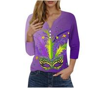 T-shirt de carnaval pour femme - Manches 3/4 - Col en V - Imprimé amusant - Costume de carnaval - Tunique pour le carnaval, le carnaval de rue, les fêtes - Saison 2026, #019, L