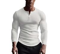 T-shirt de compression pour homme - Manches longues - Coupe ajustée - Haute élasticité - Col en V - Style décontracté - Manches longues - Stretch - Bouton - Couleur unie, Blanc., S