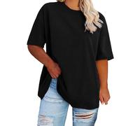 T-shirt de couleur unie pour femme, col rond, manches courtes, coupe ample, décontracté, col rond, tunique, hauts, Noir , XXL