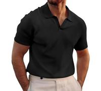T-shirt de golf en maille côtelée pour homme - Col en V - Manches courtes - Coupe ajustée - Polo de sport - Polo de golf - T-shirt d'été pour homme - Mode décontracté - Sans boutons, Noir , 3XL