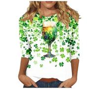 T-shirt de jour de la Saint-Patrick pour femme - Manches 3/4 - T-shirt à manches 3/4 - Col rond - Chemisier basique avec imprimé trèfle - Vêtement de festival irlandais - Léger - Décontracté - Manches