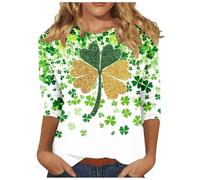 T-shirt de jour de la Saint-Patrick pour femme - Manches 3/4 - T-shirt à manches 3/4 - Col rond - Chemisier basique avec imprimé trèfle - Vêtement de festival irlandais - Léger - Décontracté - Manches