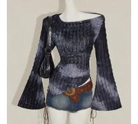 T-shirt de mode à manches longues évasées, à épaules dénudées, avec imprimtie dyeye asymétrique, pour femmes, style western boho vintage goth, pour sortir L,M,S,XL,XS,XXL,XXS,XXXL,XXXXLPlantesTissu tr