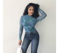 T-shirt de mode à manches longues, imprimé tie-dye, ajusté et froncé pour femmes Attention : en raison du processus de teinture particulier, chaque vêtement est uniqueL,M,S,XSImprimés aléatoiresTissu 