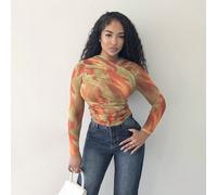 T-shirt de mode à manches longues plissé avec imprimé tie-dye pour femmes Attention : en raison du processus de teinture particulier, chaque vêtement est uniqueL,M,S,XSImprimés aléatoiresTissu tricoté