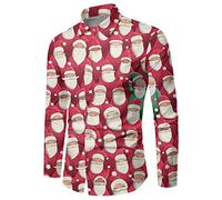 T-shirt de Noël à manches longues Rever pour homme avec imprimé Père Noël élégant et décontracté Chemises de Noël douillettes Coupe ajustée Chemise de Noël Ugly Christmas Sweater Costume de Noël, O
