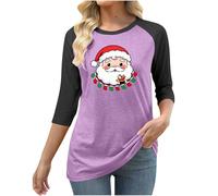 T-shirt de Noël amusant pour femme - Col rond - Manches 3/4 - T-shirt Père Noël Cruz - Bloc de couleurs - Chemisier de Noël décontracté - Haut pour sortir, a violet, XXL
