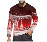 T-shirt de Noël décontracté tendance pour homme - Manches longues - Col rond pour un style parfait, Bordeaux, 3XL