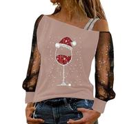 T Shirt De Noël En Coton TShirt De Noël Femme Off Shoulder Manches Longues T Shirt Élégant Lace Blouse Casual Loose Fit Top Quotidien Confortable Tenues Fashionable Design Doux Breathable Fabric