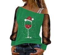 T Shirt De Noël En Coton TShirt De Noël Femme Off Shoulder Manches Longues T Shirt Élégant Lace Blouse Casual Loose Fit Top Quotidien Confortable Tenues Fashionable Design Doux Breathable Fabric