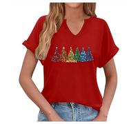 T Shirt de Noel Famme Tshirt de Noël de Coton Top Femme Col V Décontracté Noël Imprimé Haut - Holiday Graphique Tee Chemise pour Célébrations Festives