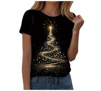 T-Shirt de Noël Femmes Col Rond Décontracté T-Shirts à Manches Courtes avec Drôles Impression Coton Tshirt de Noel Tee Shirt Haut (XL)