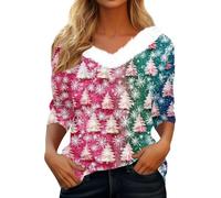 T-shirt de Noël pour femme avec bordure en fourrure et forêt d'hiver colorée - Haut à manches longues avec flocons de neige - T-shirt festif à col en V pour la période de l'Avent, Style_w01 Rose vif