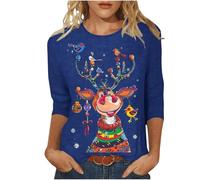 T-shirt de Noël pour femme - Imprimé renne de Noël amusant - Manches 3/4 - T-shirt ample - T-shirt à manches longues - T-shirt festif décontracté - Chemisier de Noël, Bleu (01), XXL