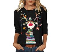 T-shirt de Noël pour femme - Imprimé renne de Noël amusant - Manches 3/4 - T-shirt ample - T-shirt à manches longues - T-shirt festif décontracté - Chemisier de Noël, 03 - Noir, M