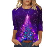 T-shirt de Noël pour femme - Manches longues - Imprimé arbre de Noël à paillettes - Haut à manches 3/4 - En coton - Col rond - Chemisier décontracté pour l'automne - Pour femme, Chemises de Noël