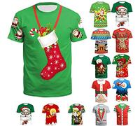 T-Shirt de Noël pour Hommes Bas de Noël Imprimé Pull Noël Homme T-Shirt Père Noël Sweats à Col Rond Ample Homme Pull Moche Noël Manches Courtes Pull Impression 3D Pull Moche de Noel Homme Pull Noel