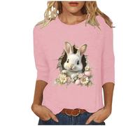 T-shirt de Pâques pour femme - Imprimé lapin coloré - Col rond - Manches 3/4 - Coupe ample - T-shirt pour fête - Printemps Été - Chemisier Kawaii - Adolescentes - Chemisier d'été - Taille S à 4XL,