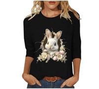T-shirt de Pâques pour femme - Imprimé lapin coloré - Col rond - Manches 3/4 - Coupe ample - T-shirt pour fête - Printemps Été - Chemisier Kawaii - Adolescentes - Chemisier d'été - Taille S à 4XL,