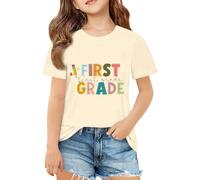 T-shirt de rentrée scolaire pour filles et garçons - T-shirt de première 2e troisième quatrième année - Tenue de premier jour d'école - T-shirt d'été à paillettes pour filles, beige, 11-12 ans