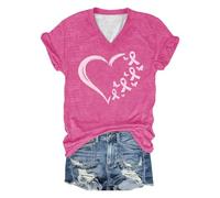 T-shirt de sensibilisation au cancer du sein pour femme - Col en V avec cœur et nœuds - Haut plein d'espoir pour soutien et solidarité, Style_e01 Rose vif, XXL
