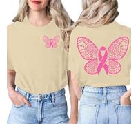 T-Shirt de Sensibilisation Femme avec Imprimé Graphique Haut de Force, T-Shirt À Manches Courtes avec Nœud Rose et Ruban pour Événement Caritatif