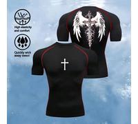 T-shirt de sport à imprimé aile et croix pour hommes, hauts de sport, hauts de gym, chemise de compression respirante et ajustée, col ras-du-cou L,M,S,XL,XXLAnimal,Blocs de couleur,LettresÉtoffe