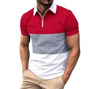 T-shirt de sport à manches courtes pour homme - Style décontracté et tendance - Imprimé numérique - Avec revers zippé - Pour l'intérieur et l'extérieur, la marche, le sport, la vie quotidienne, Rouge