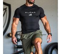 T-shirt de sport à manches courtes pour hommes avec imprimé drapeau américain et lettres. Top de sport respirant, ajusté, col ras du cou, chemise de compression pour la gym L,M,S,XL,XXLBlocs de couleu