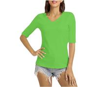 T-shirt de sport à manches mi-longues pour femme - Coupe ajustée - Col en V - T-shirt d'été pour fitness, entraînement, yoga, pilates - Aujourd'hui 2025, Vert, XXL