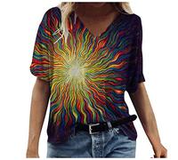 T-shirt de sport pour femme - Chemisier ample - Col en V - Imprimé soleil - T-shirt d'été - T-shirt basique pour femme - T-shirt tunique - Vêtements d'été pour femme - T-shirt de course pour
