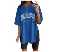 T-shirt de sport surdimensionné pour femme - Manches courtes - Pour l'été - Décontracté - Tunique ample - Avec fentes - Haut pailleté, bleu, L