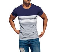T-shirt de sport uni à manches courtes pour homme - Coupe ajustée - Coton mélangé doux et léger - Col en V - Pour l'intérieur et l'extérieur, la marche, le sport, la vie quotidienne, bleu marine, L