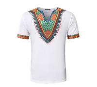 T-shirt de style ethnique pour homme - Chemise dashiki - Chemises traditionnelles à manches courtes - Col en V - Chemises décontractées vintage - Haut africain - Imprimé ethnique - Col rond, O blanc