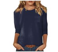 T-shirt de yoga pour femme - Haut ample à manches 3/4 - Été décontracté - Polyvalent - Normal - Simple - Imprimé - Col rond - Chemise décontractée pour femme - T-shirt d'été, bleu foncé, M