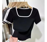 T-shirt décontracté à col carré pour femme avec manches courtes pour un usage quotidien, polyester 82,5 % élasthanne, 17,5 % (XL noir)