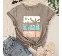 T-shirt décontracté à col d'équipage, à manches courtes, à imprimé de palmiers et de lettres pour femmes. Graphique "SOLEIL, SEL, SABLE, PARADIS MARIN, HAWAÏ" L,M,S,XL,XS,XXLTropical,SloganÉtoffe